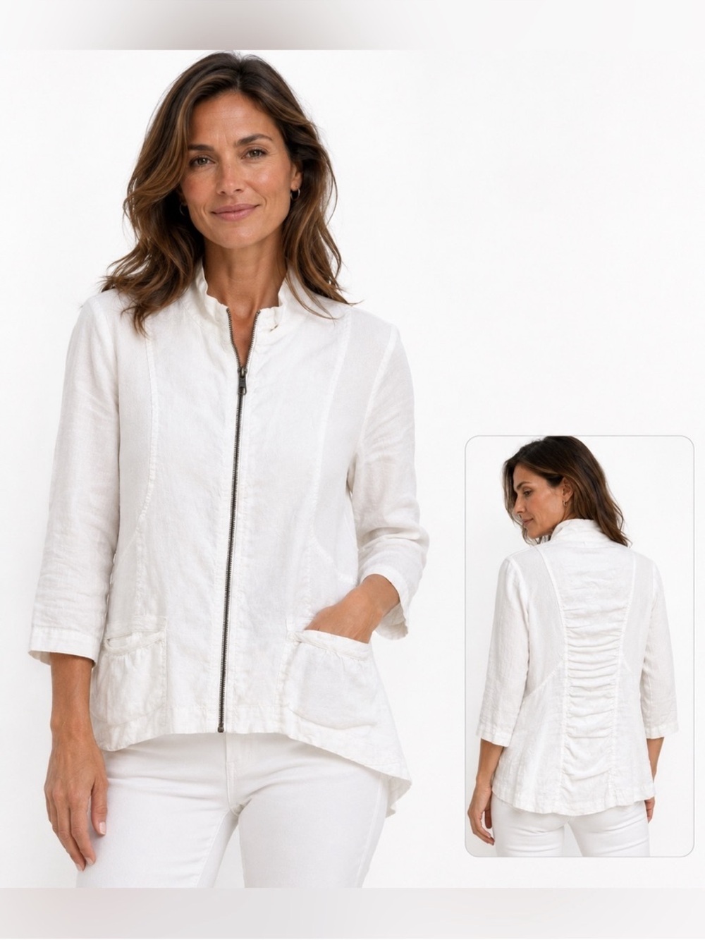 XCVI Linen Jacket White ruched 3/4 Sleeve Full Zip front pockets high low L